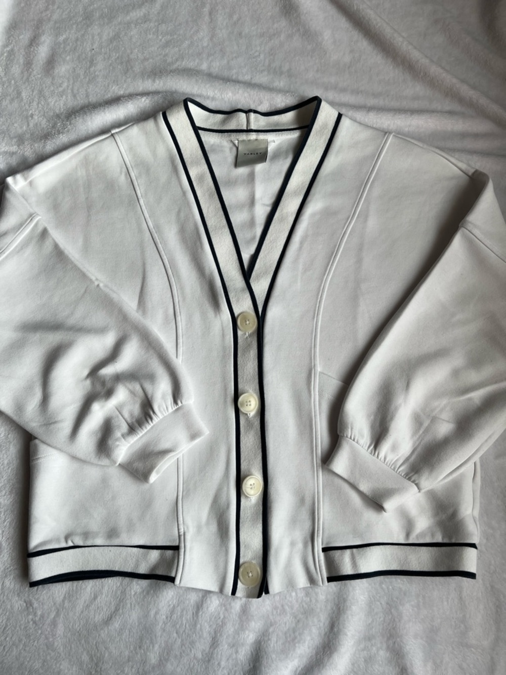 Varley Decker Off Court V-Neck Button Cardigan with Navy Trim